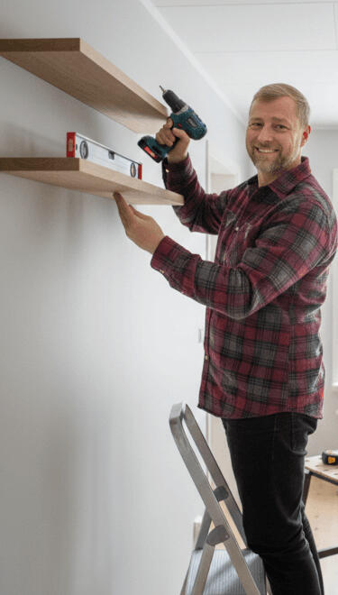 Ammattilainen avuksesi asennustöissä Ammattitaitoinen asennuspalvelu työssään: hyllyjen tarkka kiinnitys olohuoneen seinään siististi ja huolellisesti.