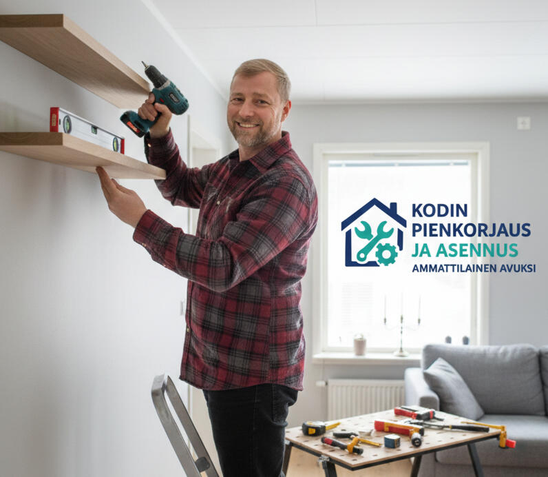 Käytetyt työkalut (Kokemus) Ammattilaisen käytetyt maalausvälineet, tela ja suojamuovi, jotka osoittavat kokemusta kodin pienremonteista.